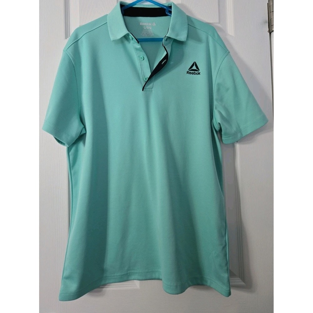 Reebok Men's Green Solid Polo Shirt L Regular Short Sleeve Collared Mesh Logo